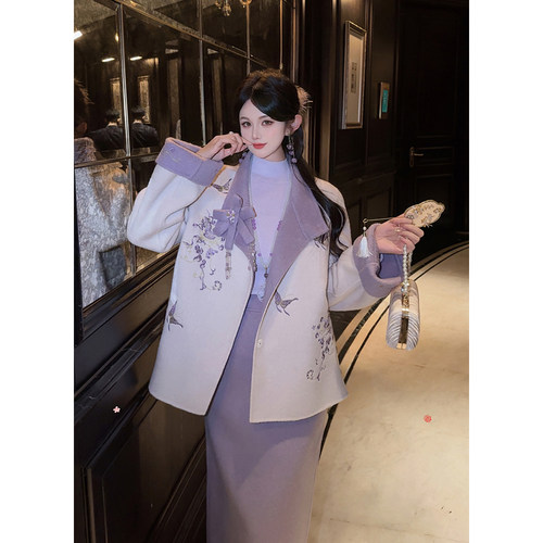 【紫蝶鎏金】 郭郭原创静奢100羊毛重工刺绣双面尼外套长裙套装