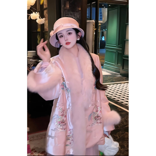 羽绒服女重工刺绣冬装 郭郭原创狐狸毛新中式 外套 胭脂雪