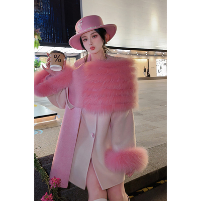 【粉黛佳人】 郭郭原创静奢双面羊毛大衣女狐狸毛披肩外套