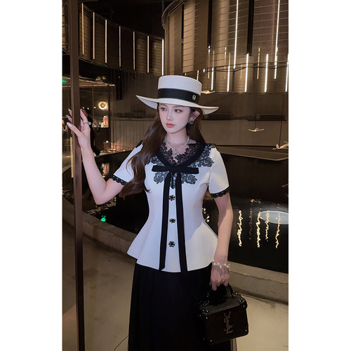 【沃斯画廊】 郭郭原创黑白撞色蕾丝短袖上衣蕾丝半身长裙套装女