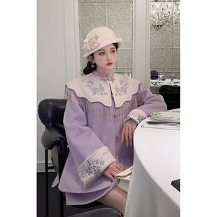 郭郭原创100羊毛重工刺绣双面昵大衣双色羊毛外套 槿上花语