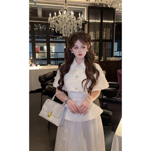 【杏花微雨】 郭郭原创气质米白无袖上衣斗篷长裙三件套装女