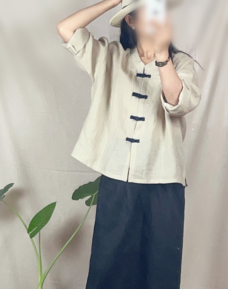 原创复古中式服装落肩袖文艺范改良薄苎麻盘扣开衫衬衫