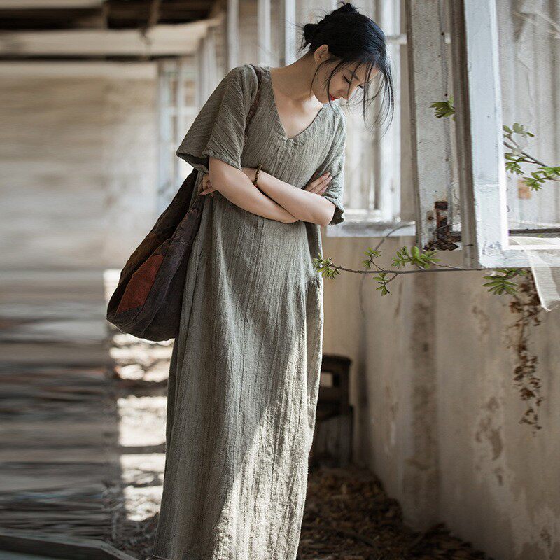 夏季亚麻棉薄款扎染原创新中式长裙居家旅游文艺范女式连衣裙