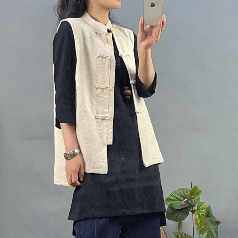 春新款原创设计棉麻女装盘扣宽松中式提花面料短马夹