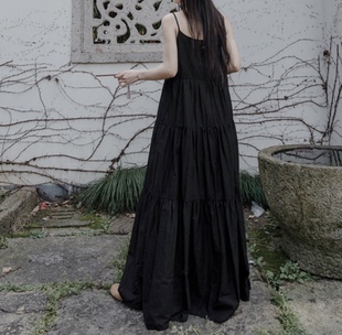 春夏新款 暗黑山本风 三拼大摆裙长款吊带宽松棉布连衣裙