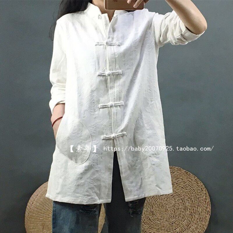 包邮棉麻风衣女 中式盘扣复古民族风中长款文艺单层禅意外套开衫