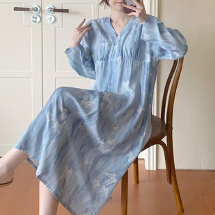 新中式V领长袖带胸垫睡裙女春夏季棉绸可外穿家居服高级感绵绸裙