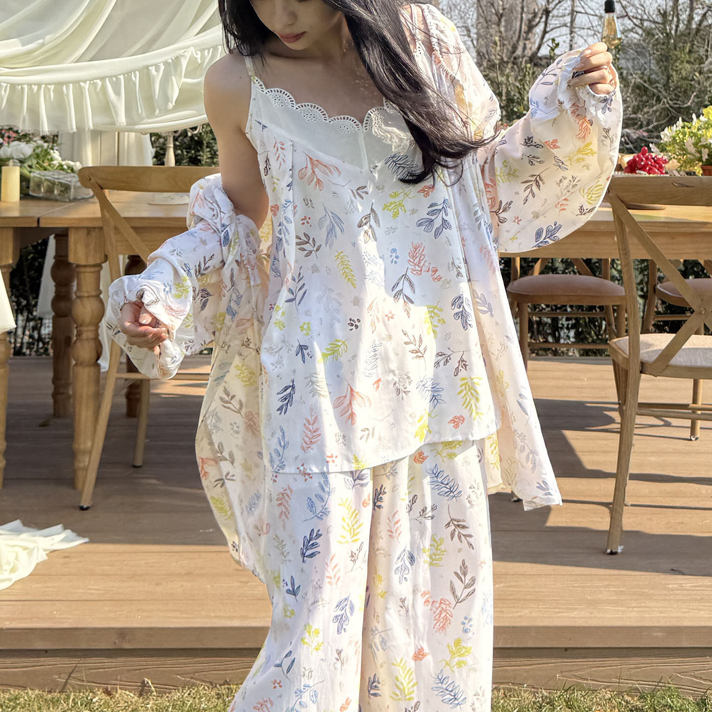 海边度假风碎花棉绸睡衣女长袖长裤套装舒适居家服可外穿人造棉薄