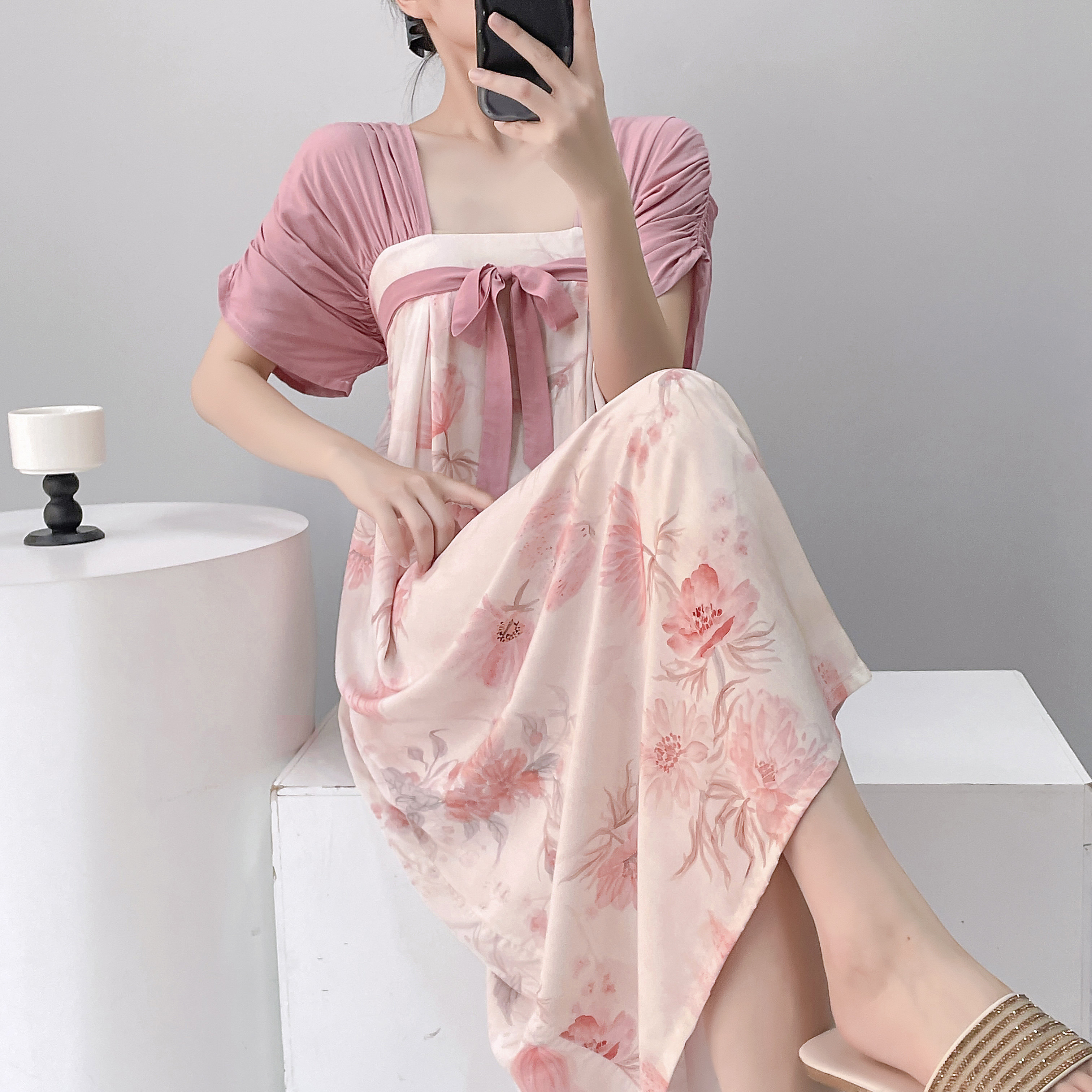 法式睡裙女夏短袖棉绸宽松大码可外穿家居服套装夏天睡衣复古长裙