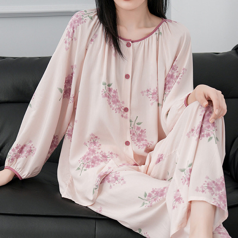 碎花棉绸睡衣女春秋款绵绸开衫长袖夏季高级感可外穿田园风家居服