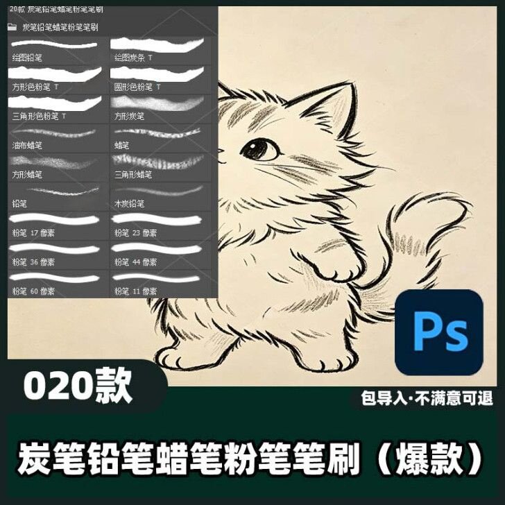 20款炭笔铅笔蜡笔粉笔笔刷丨Ps笔刷素描速写质感手绘素材教程