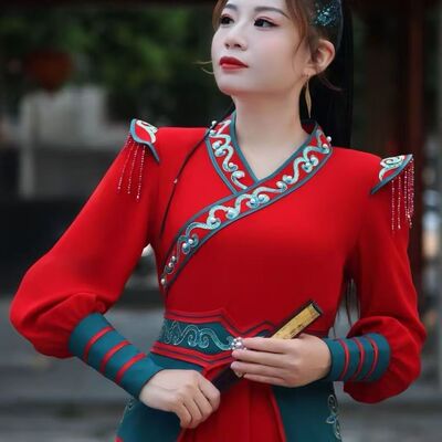 2026新款年会成人红色喜庆舞蹈服表演服中国风打鼓服女团武侠歌服