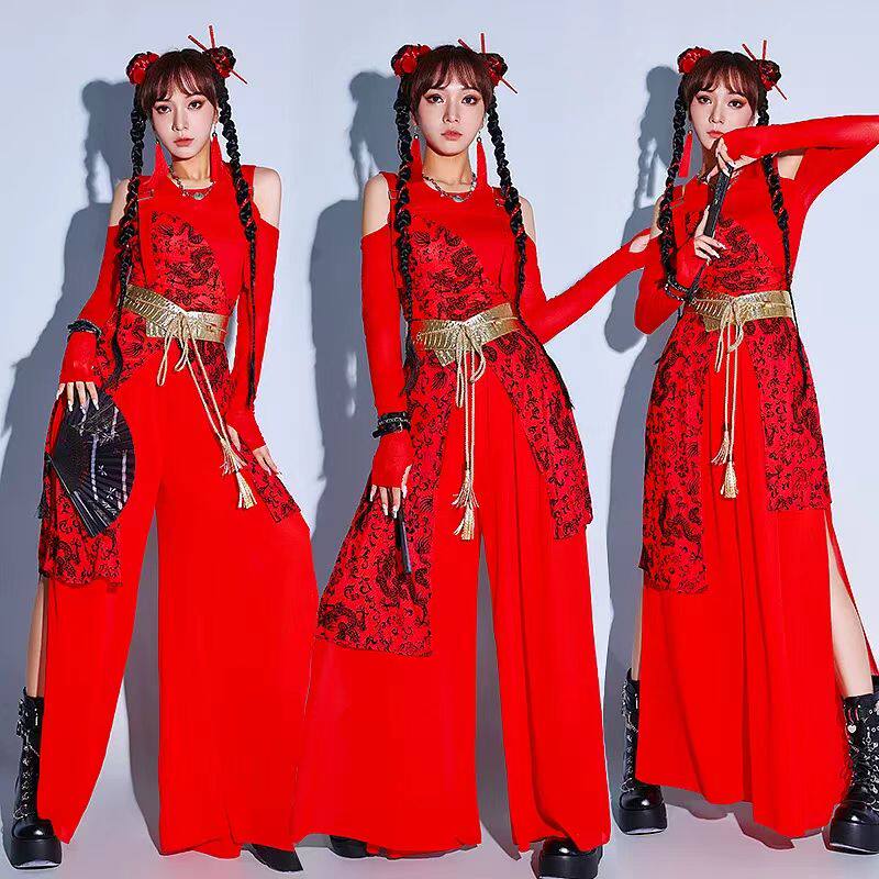 热舞舞蹈服马年会年开场舞打鼓国潮红色成人女团演出喜庆爵士服装