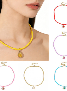 欧美跨境新款手工滴胶树脂干花吊坠项链多巴胺彩色小米珠原创项链