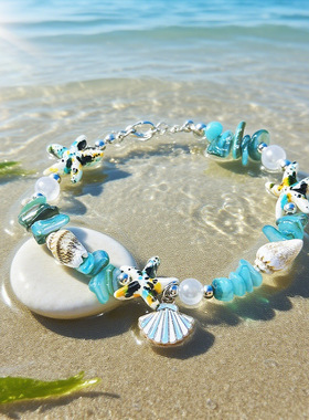原创设计海洋风手链多彩天然石仿海星贝壳人造水晶手饰时尚创意品