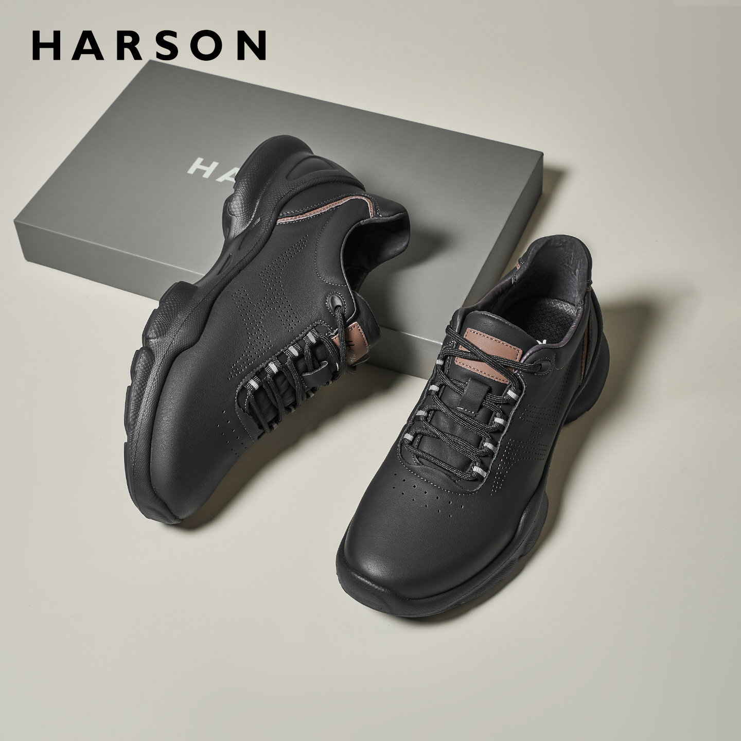 哈森春季男鞋新款牛皮男士商务休闲皮鞋黑色公务通勤鞋真皮运动鞋