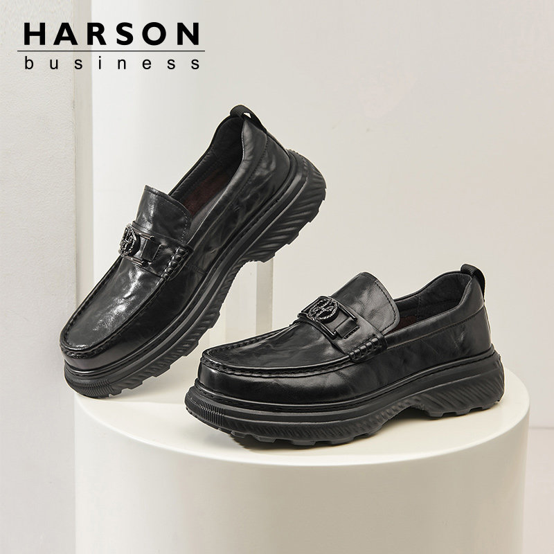 哈森秋季男鞋头层牛皮2025新款鞋子真皮男士皮鞋厚底休闲乐福鞋男