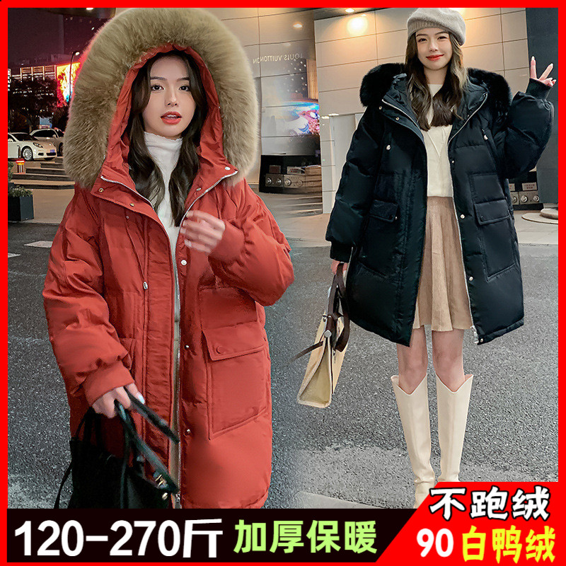 300特大码羽绒服女200斤胖mm冬季中长款孕妇大狐狸毛领加厚外套潮-封面