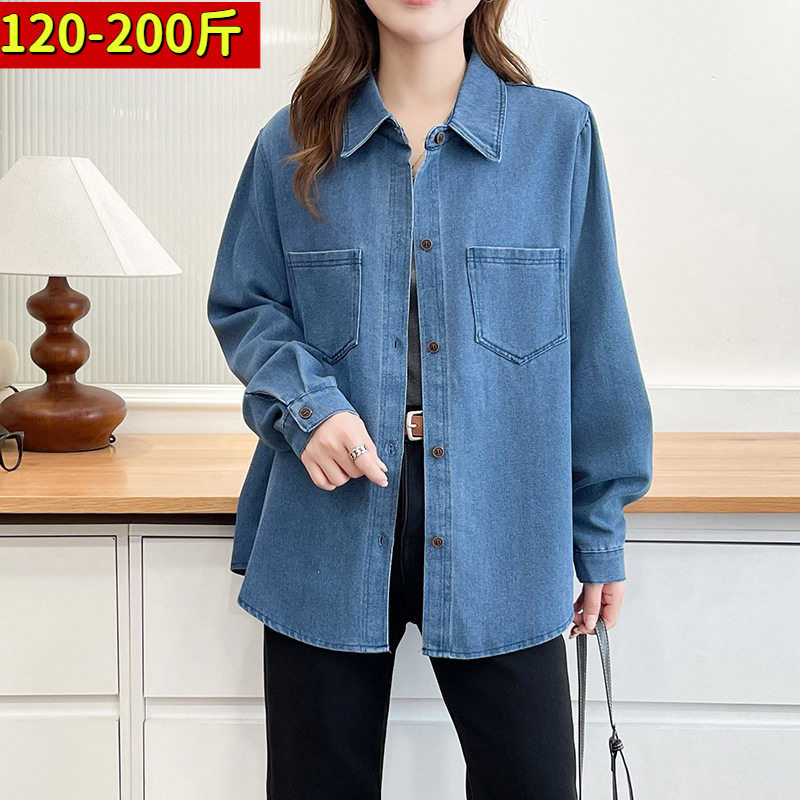 200斤牛仔外套女大码胖妹妹秋季加肥加大复古休闲翻领衬衫上衣