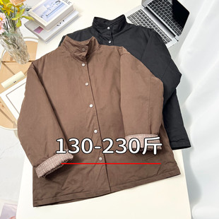 大码 宽松显瘦格子卷边立领棉衣加厚保暖外套 棉服女200斤胖mm冬季