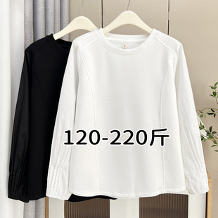 T恤上衣 宽松遮肚显瘦圆领设计感拼接长袖 大码 卫衣女200斤胖mm秋季