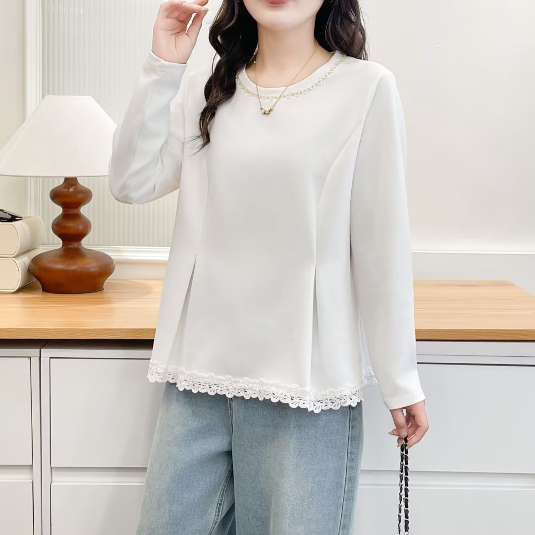 2026新款大码女装胖妹妹宽松遮肚花边下摆圆领长袖T恤打底衫上衣