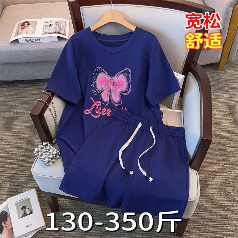 300大码休闲运动套装女200斤胖mm夏季宽松跑步健身T恤短裤两件套