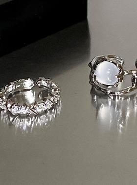 韩系月光石白月光镶钻轻奢高级感指环时尚个性小众设计开口戒指女