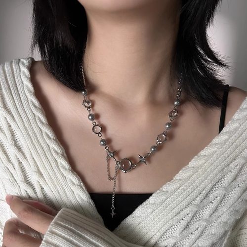 月光锆石十字颈链ins风网红甜酷辣妹锁骨链时尚串珠流苏项链女