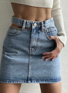2020欧美风腰头镂空高腰修身牛仔短裙露腰防走光安全裤A字半身裙
