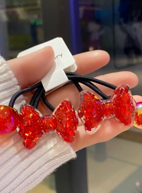 扎头发绳儿童闪亮红色蝴蝶结橡皮筋高弹力高级感发饰小女孩发圈