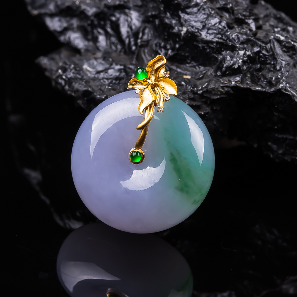 缅甸翡翠吊坠冰润紫罗兰飘绿平安扣挂件18k金镶嵌天然A货