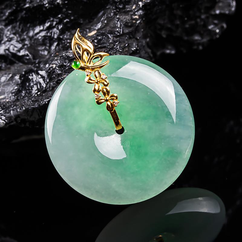 缅甸翡翠吊坠冰润飘绿平安扣挂件18k金镶嵌天然A货女款玉石挂饰