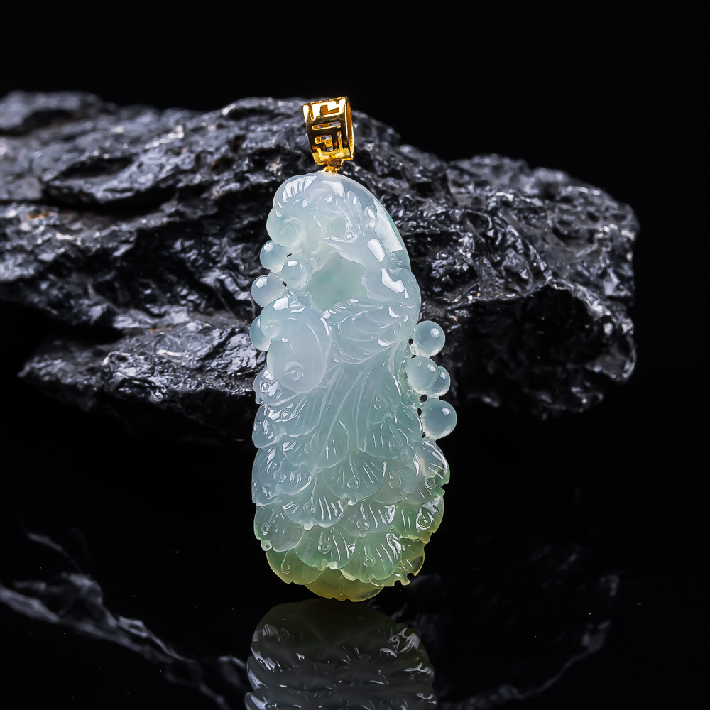 缅甸翡翠吊坠冰润黄翡凤凰挂件18k金扣头镶嵌天然A货