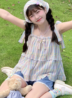 原创多巴胺少女甜妹可爱小熊马卡龙条纹吊带上衣系带蝴蝶结娃娃衫