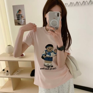 卡通圆领小熊刺绣2026夏季新款韩版减龄百搭宽松小个子短袖T恤女