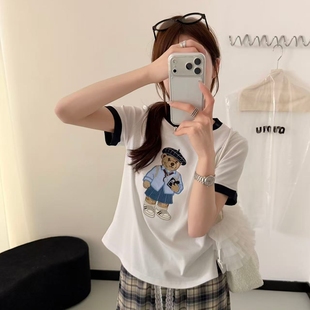 撞色2026夏季新款韩版圆领宽松小个子短袖T恤女 卡通小熊刺绣上衣