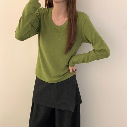 韩国2026秋季新款纯棉大U领长袖T恤女纯色露锁骨弹力修身打底内搭