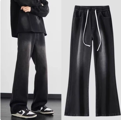 松紧腰微喇牛仔裤男款美式高街cleanfit直筒裤子弯刀设计休闲裤男