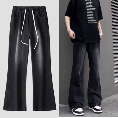 松紧腰抽绳微喇牛仔裤男款美式cleanfit裤子直筒修身高街休闲裤潮