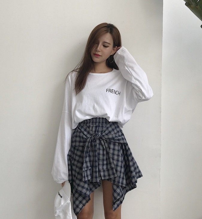 2019秋季韩国chic百搭宽松字母白色t女衬衫式格纹绑带不规则短裙|ruв категории Женская одежда, юбка - от Buy2taobao.com для оказания профессиональной услуги покупки агента Taobao