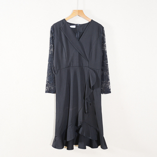 新品 修身 女装 长袖 连衣裙子V领 休闲套头蕾丝拼接中长款 2025春秋款