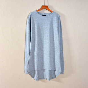 新品 宽松圆领T恤衫 女装 长袖 上衣服 纯色前短后长中长款 2025年秋款