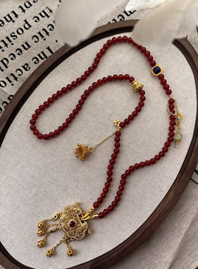 原创新中式红玛瑙古法沙金平安如意锁项链女轻奢多宝毛衣链