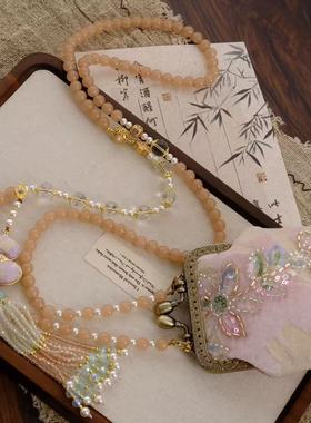 巨好搭新中式国风复古手工包丝绒珠花棉布搭扣零钱包斜挎链背链