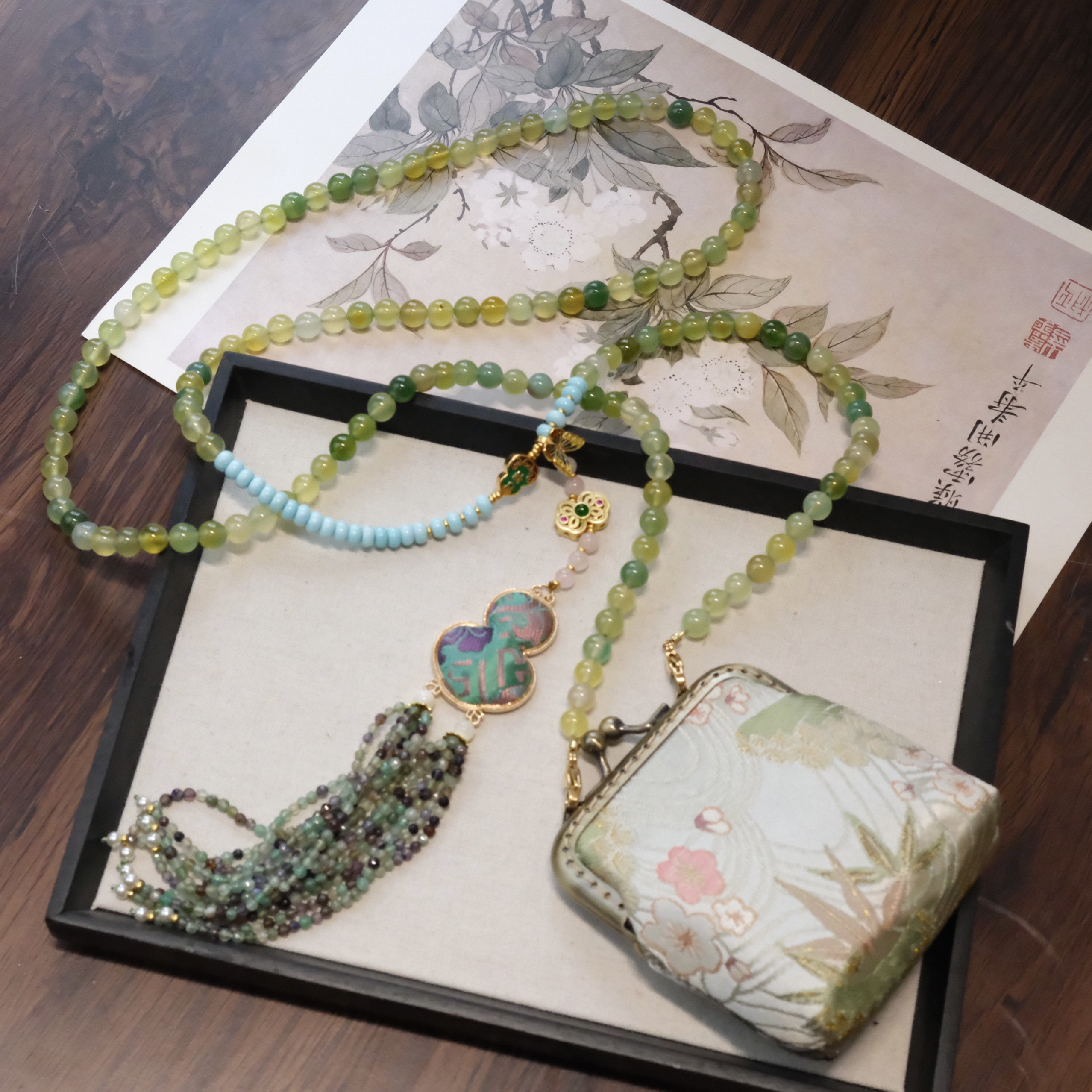 天然天山翠盘扣包包斜挎链小众设计高级感锁骨链复古简约百搭