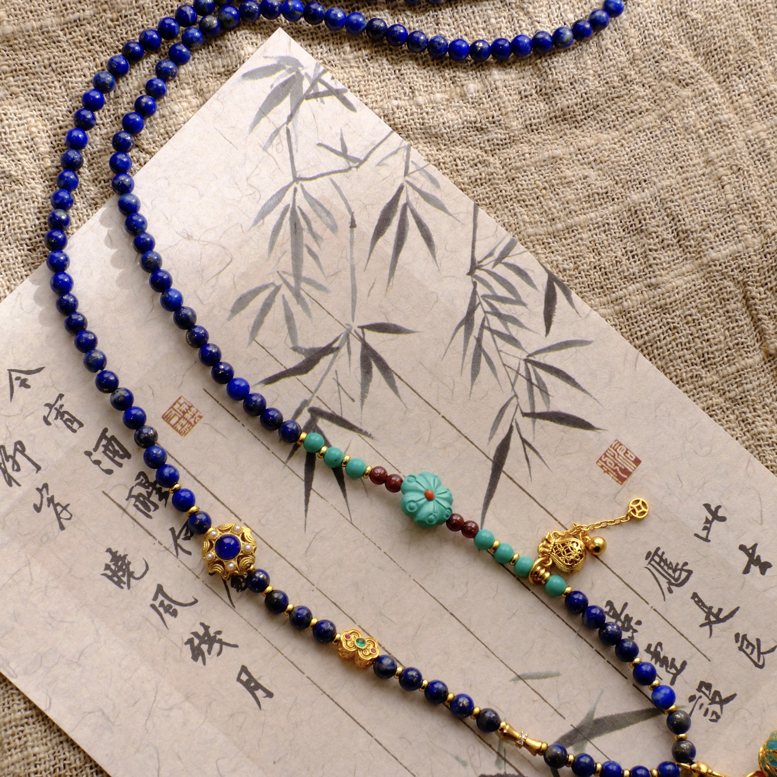 国风青金石流苏长款国风斜挎链中式背背项链民族风多用链念珠项链