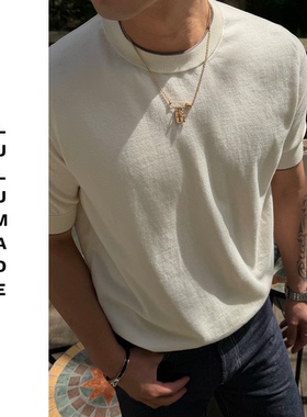 Lulumade 【BC 7100版】100%长绒棉老钱风撞色针织圆领短袖T恤 男