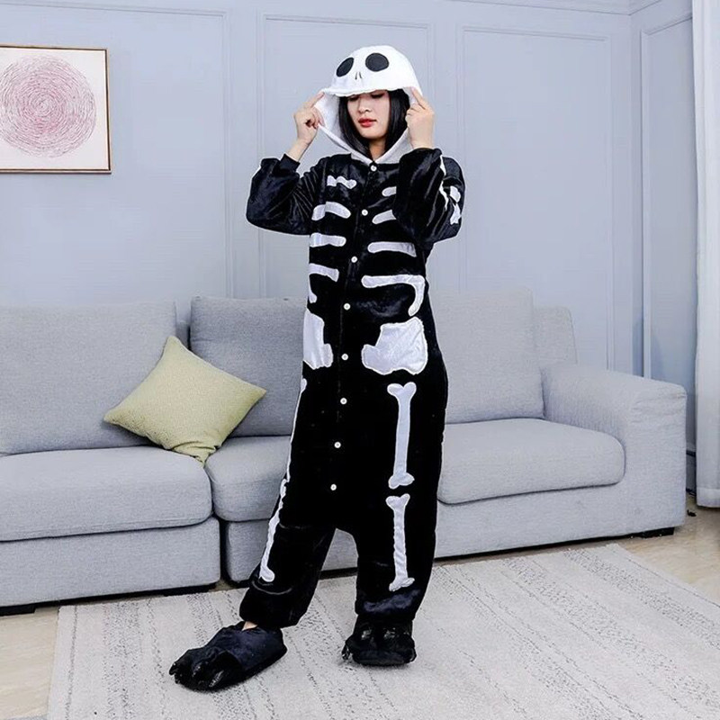 FLANNEL CARTOON ANIMAL ONE-PIECE PAJAMAS SKELETON BLACK WINTER LONG SLEEVE WARM HOME KIDS TOILET VERSION LOUNGEWEAR